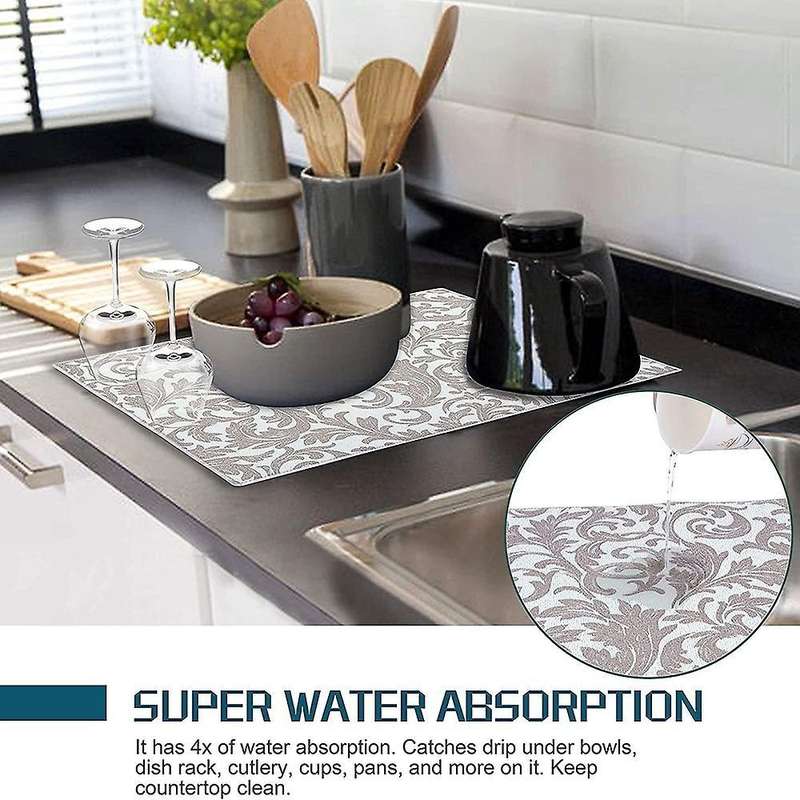 Washable Dish Drying Mats for Kitchen Counter Large (grey Vine)