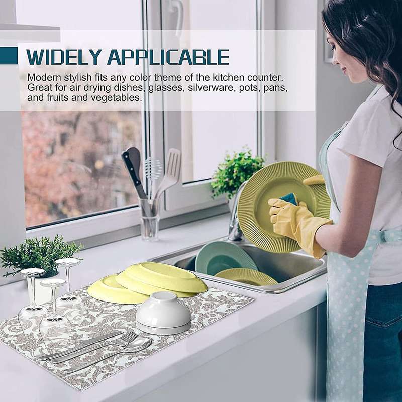 Washable Dish Drying Mats for Kitchen Counter Large (grey Vine)