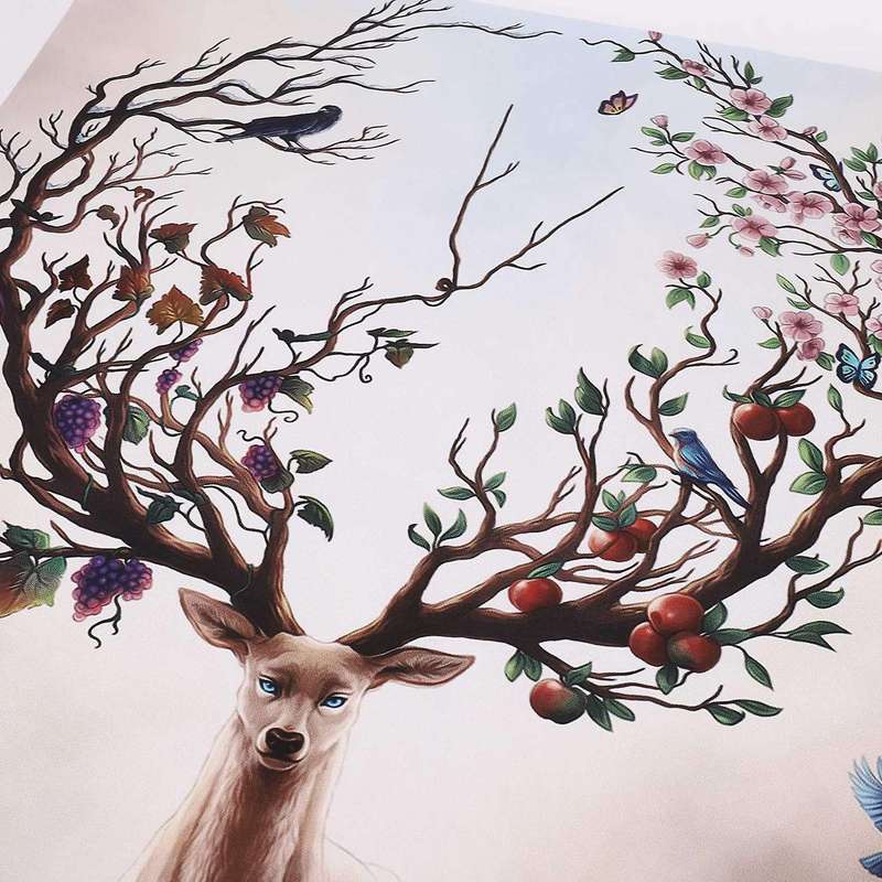 Wall Deer Stag with Long Antler Bloom and Bear Fruit Pictures Prints