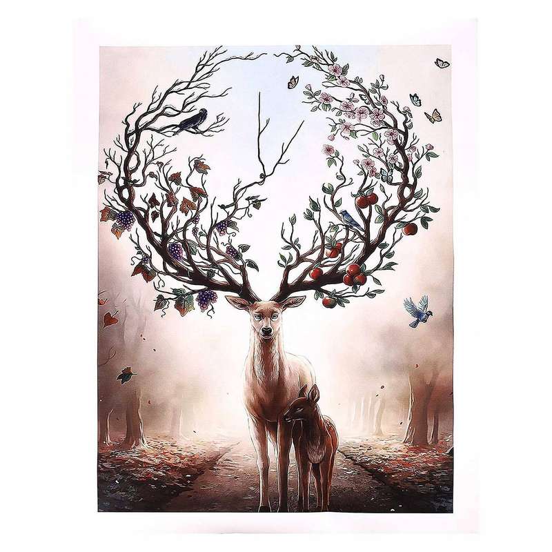Wall Deer Stag with Long Antler Bloom and Bear Fruit Pictures Prints