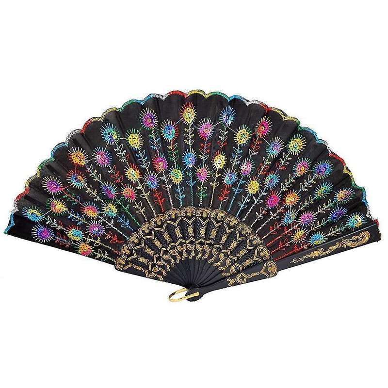 Colored Embroidered Flower Pattern Black Cloth Folding Hand Fan