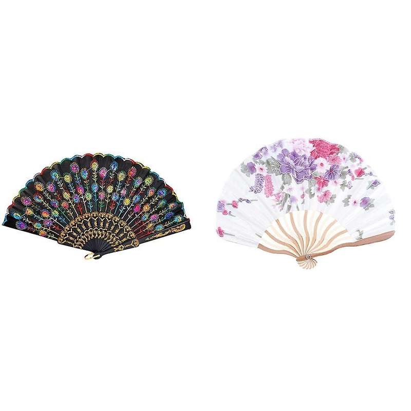 Colored Embroidered Flower Pattern Black Cloth Folding Hand Fan