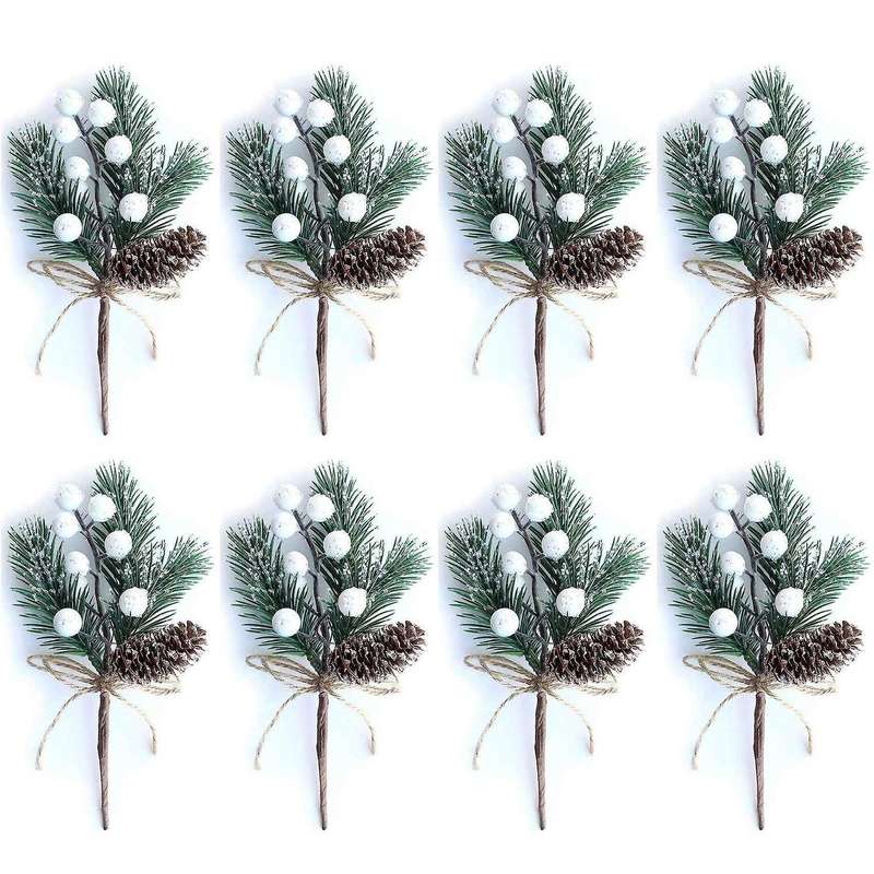 White Christmas Berries/berry Stems Pine Branches & Pine Cones