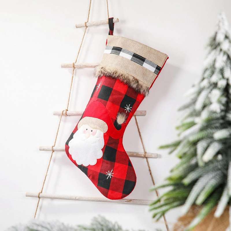 Christmas Home Decor Socks, Red Black Plaid, Gift Bags Santa Claus