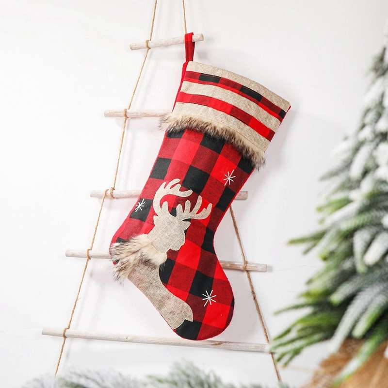 Christmas Home Decor Socks, Red Black Plaid, Gift Bags Santa Claus