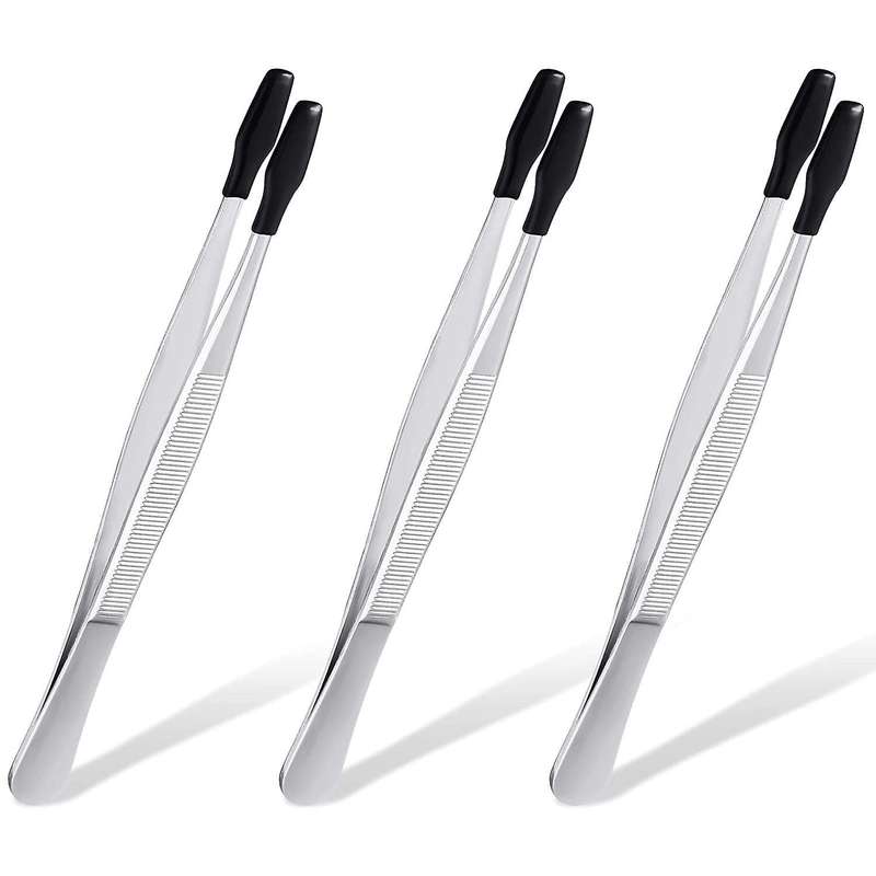 3pcs Stainless Steel Tweezers Flat Tips Coated Tweezers -black