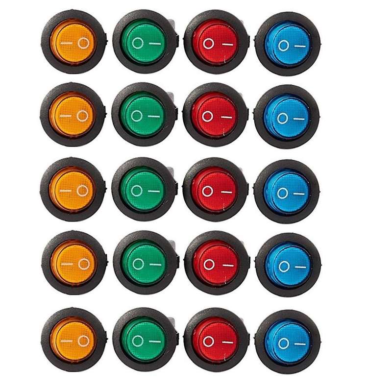 20 Pcs Four Colors 12v 3pins Led Rocker Toggle Spst Switch Dot Light