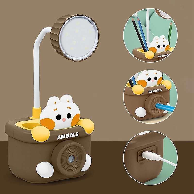 Cute Desk Lamp for Kids, with Pencil Cutting/pen Holder, (brown)