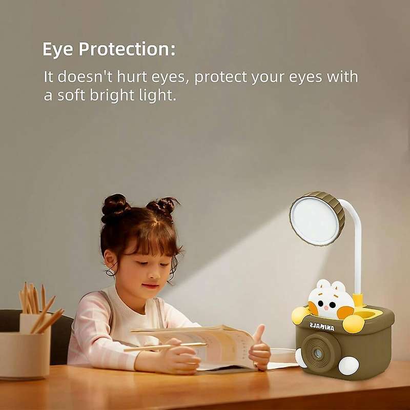 Cute Desk Lamp for Kids, with Pencil Cutting/pen Holder, (brown)