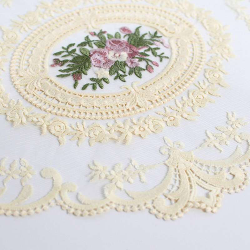2x European Oval Embroidered Lace Fabric Transparent Table Mat Beige