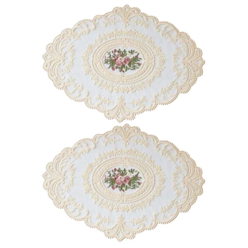 2x European Oval Embroidered Lace Fabric Transparent Table Mat Beige