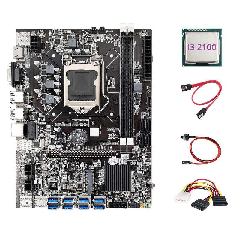 B75 Eth Mining Motherboard 8xpcie to Usb+i3 2100 Cpu+4pin to Sata