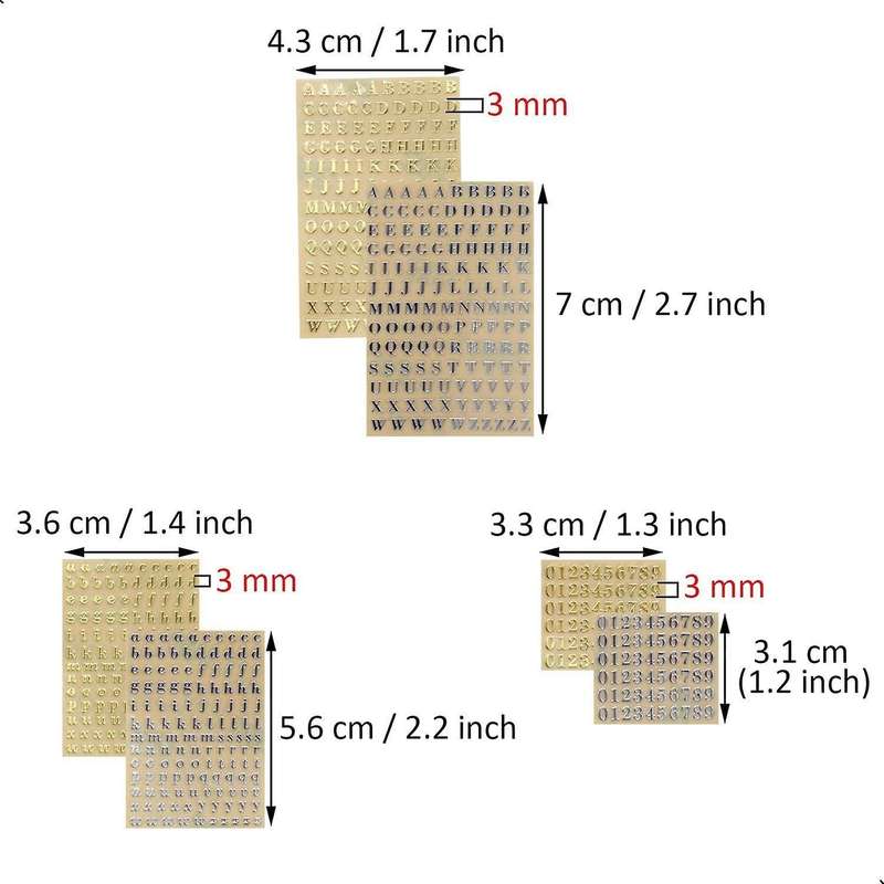 6 Sheets Small 0.12 Inch Alphabet Number Stickers Glitter (3mm)