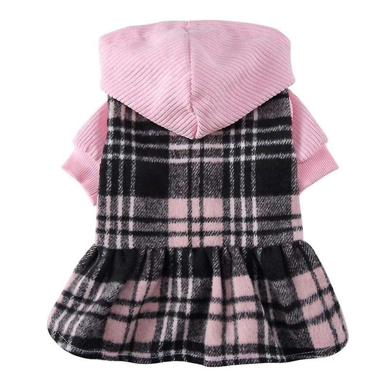 Plaid Dog Hoodie Dress Skirt Outfits with Hat Fall and Winter Pet -l