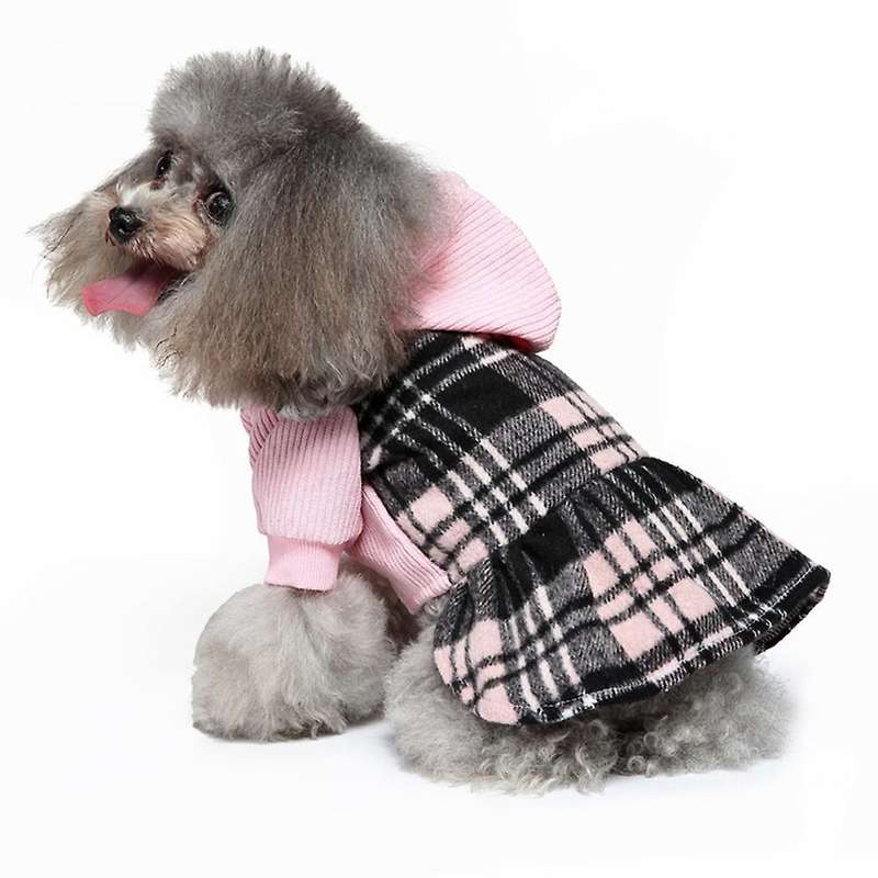 Plaid Dog Hoodie Dress Skirt Outfits with Hat Fall and Winter Pet -l