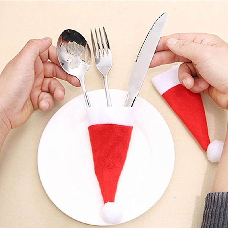Christmas Tableware Holder Bag Mini Santa Hats Kitchen Holders 50pcs