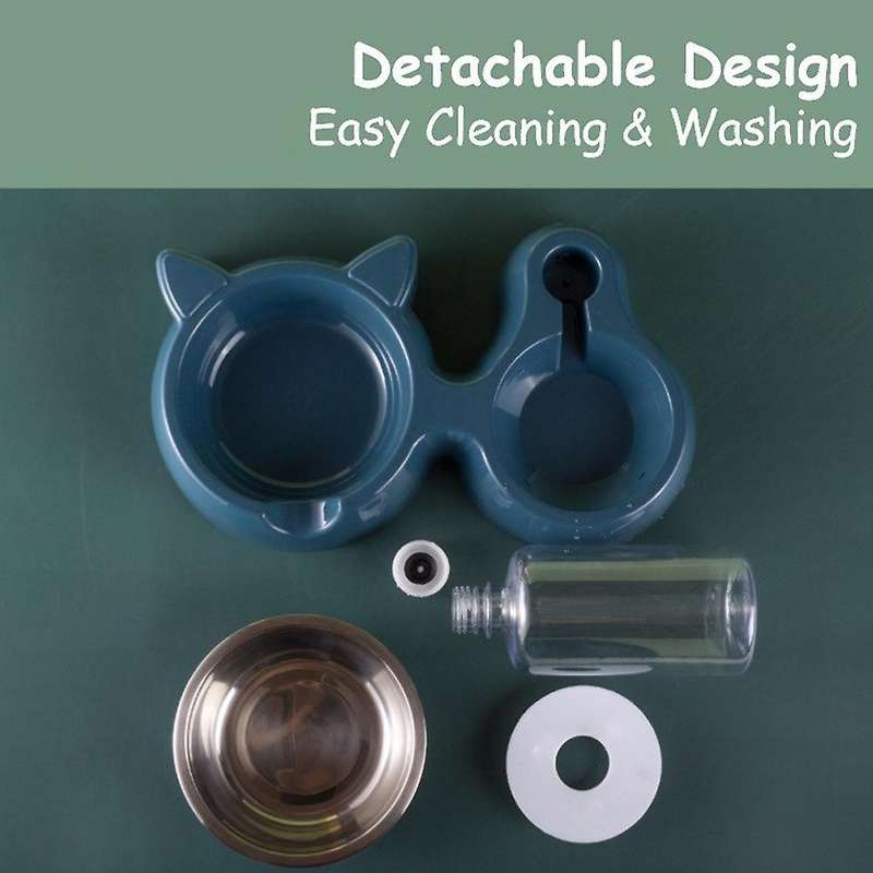 Double Dog Cat Bowls - with Automatic Waterer Bottle Dark Blue