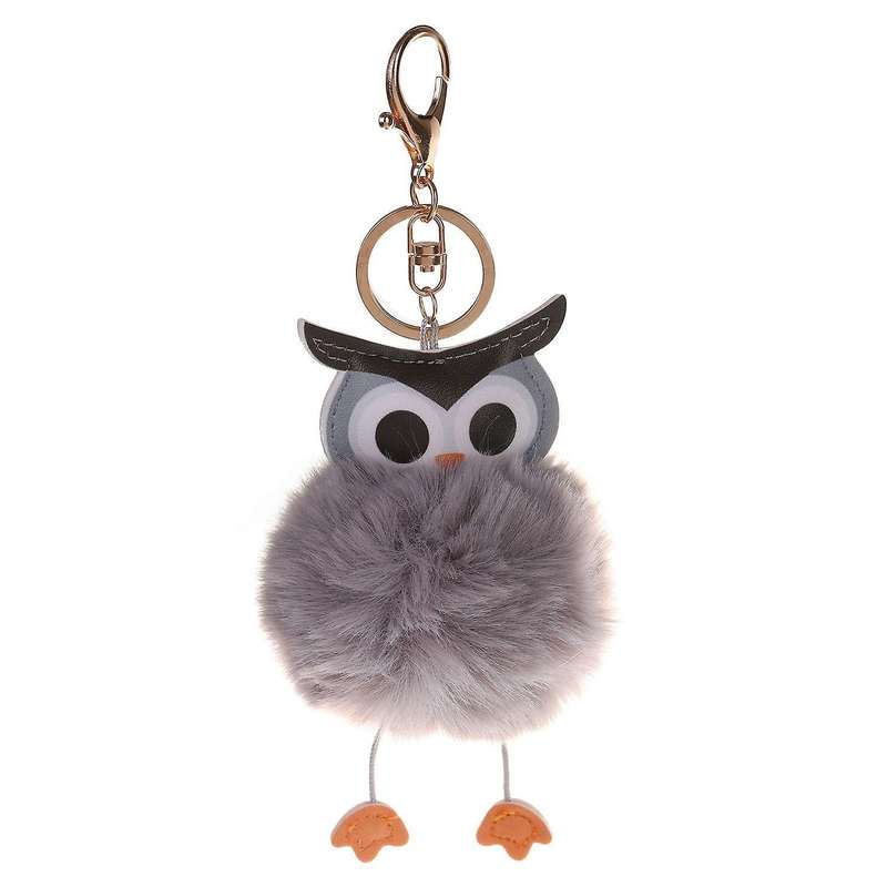 Pompom Fluffy Owl Keychain Faux Rabbit Fur Ball Women Light Grey