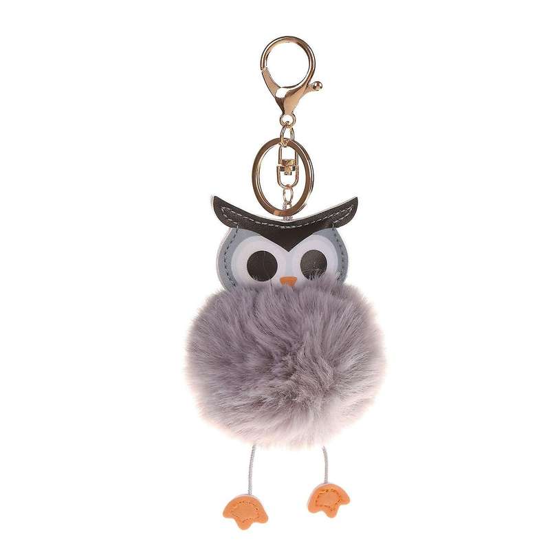 Pompom Fluffy Owl Keychain Faux Rabbit Fur Ball Women Light Grey