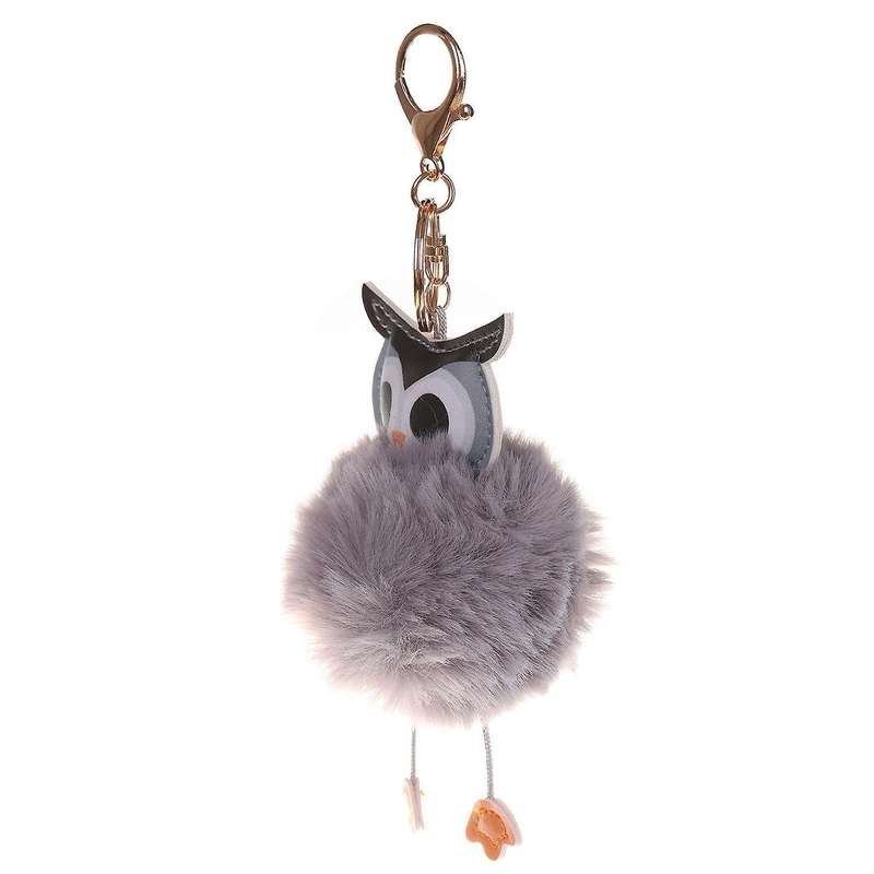 Pompom Fluffy Owl Keychain Faux Rabbit Fur Ball Women Light Grey