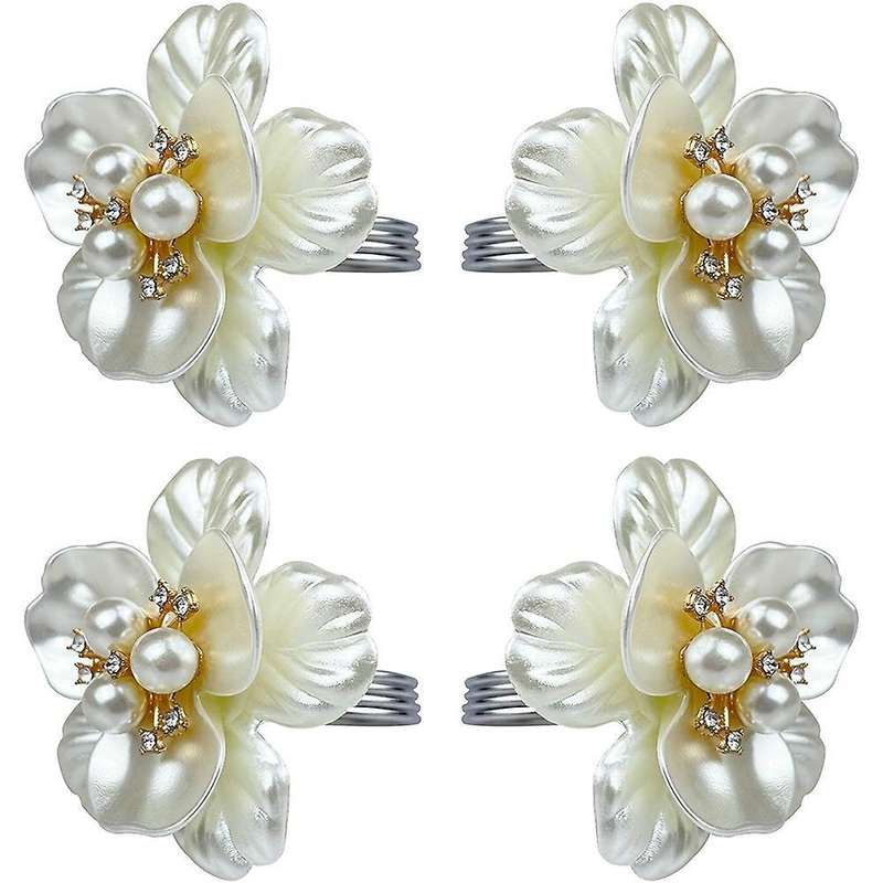 Pearl Flower Napkin Rings Set Of 6, for Wedding Birthday Party Dining