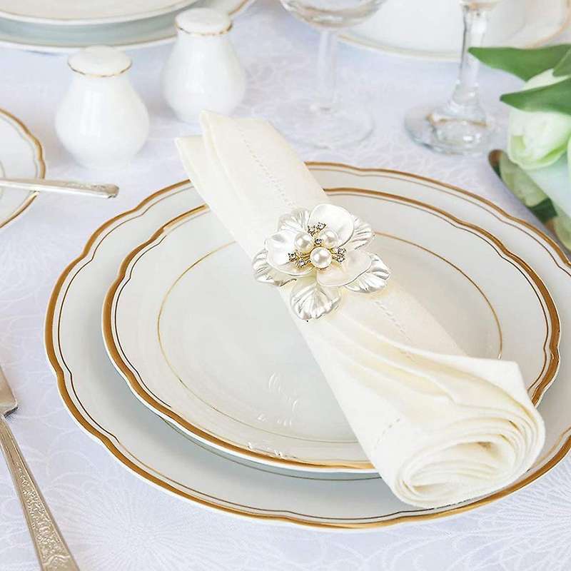 Pearl Flower Napkin Rings Set Of 6, for Wedding Birthday Party Dining