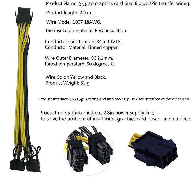 Motherboard Graphics 6 Pin to 8 Pin Pci-e Gpu Vga Hub Power Cable