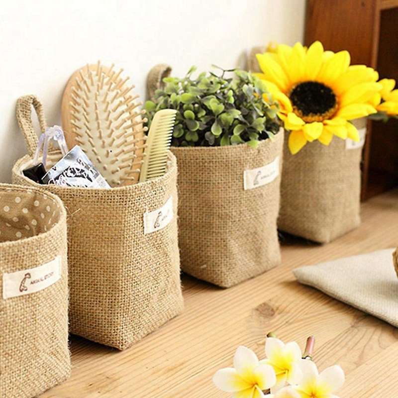Cotton Linen Flower Pot Hanging Jute Storage Bag(blue Point)