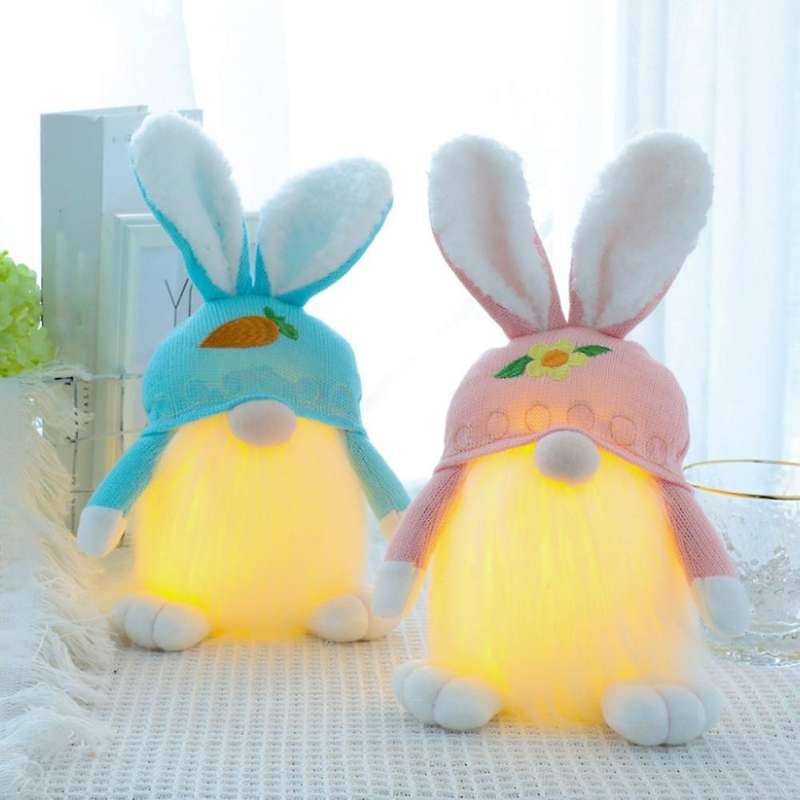 Easter Bunny Ornament with Lights Knitted Wool Hat Rabbit Doll, Blue