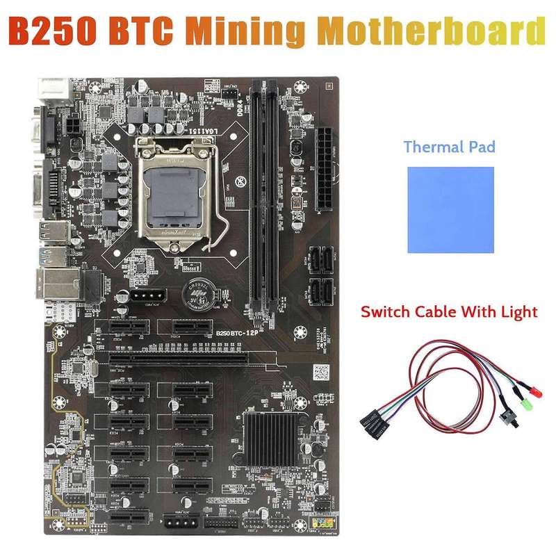 B250 Mining Motherboard+thermal Pad+switch Cable with Light for Miner