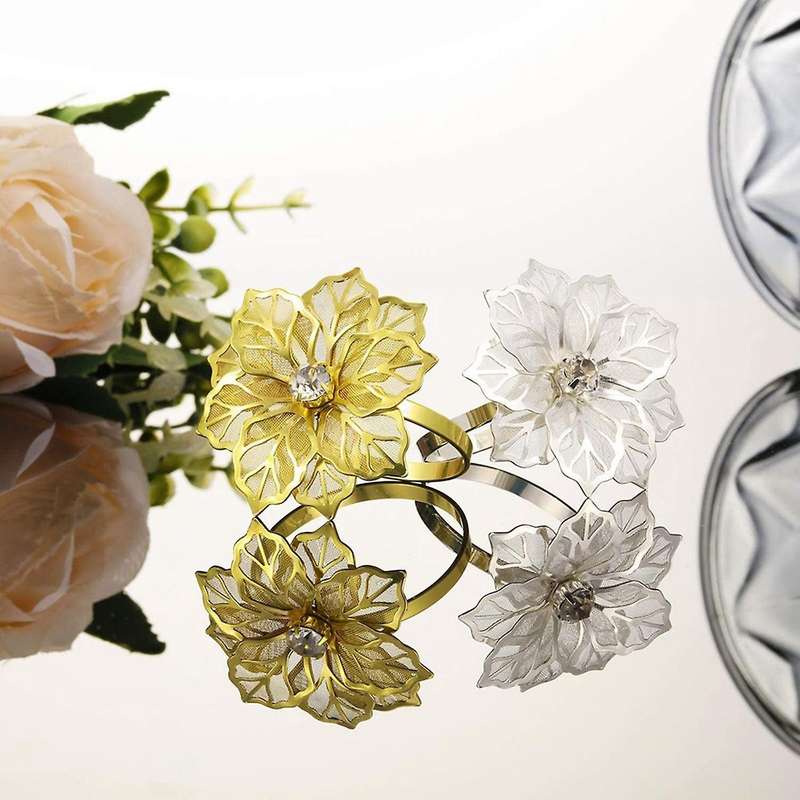12-piece Alloy Napkin Ring with Hollow Flower Napkin Set (golden)