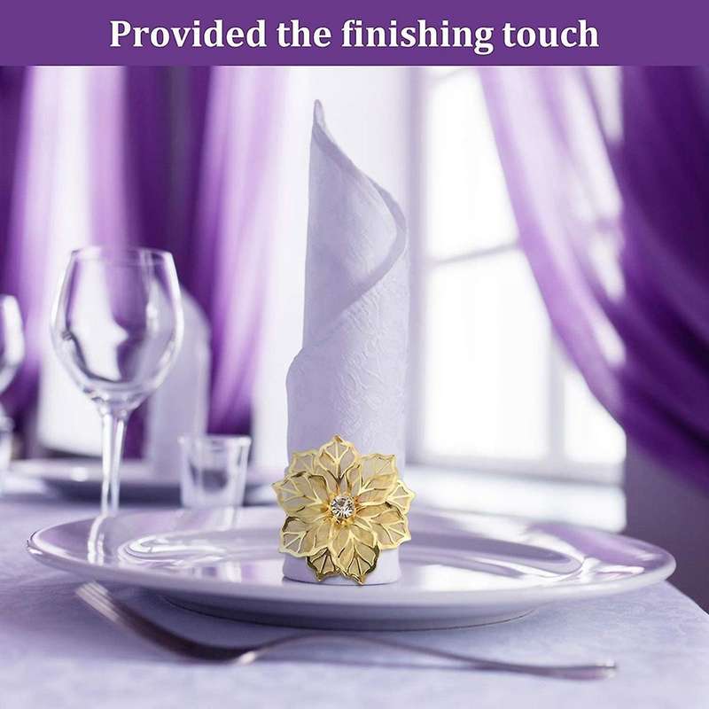 12-piece Alloy Napkin Ring with Hollow Flower Napkin Set (golden)