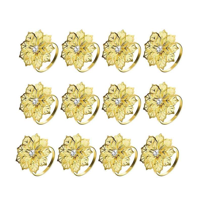 12-piece Alloy Napkin Ring with Hollow Flower Napkin Set (golden)