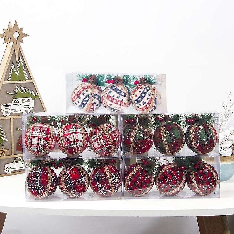 3pcs Red Plaid Painted Balls Christmas Tree Ornaments Gift Pvc Ball-e
