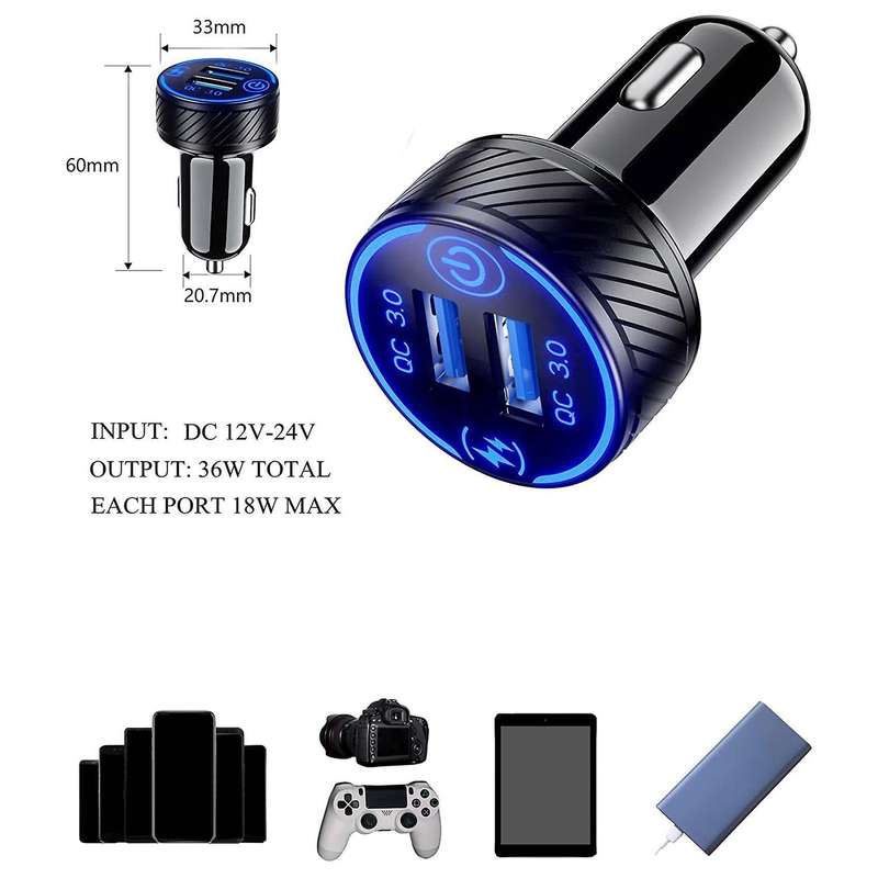 Dual Qc3.0 Ports Usb Car Charger with Touch Switch and Blue Led