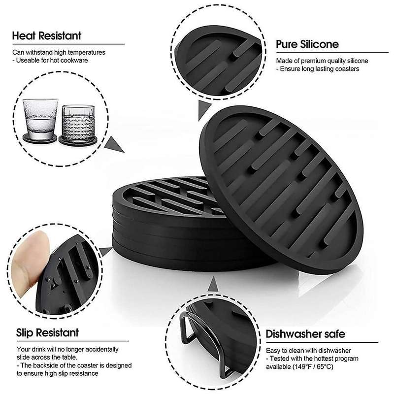 Coasters for Drinks, Silicone Coaster Sets Of 6 with Holder, Gray