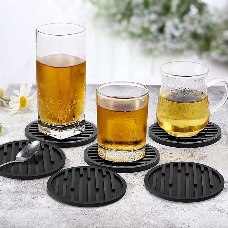 Coasters for Drinks, Silicone Coaster Sets Of 6 with Holder, Gray