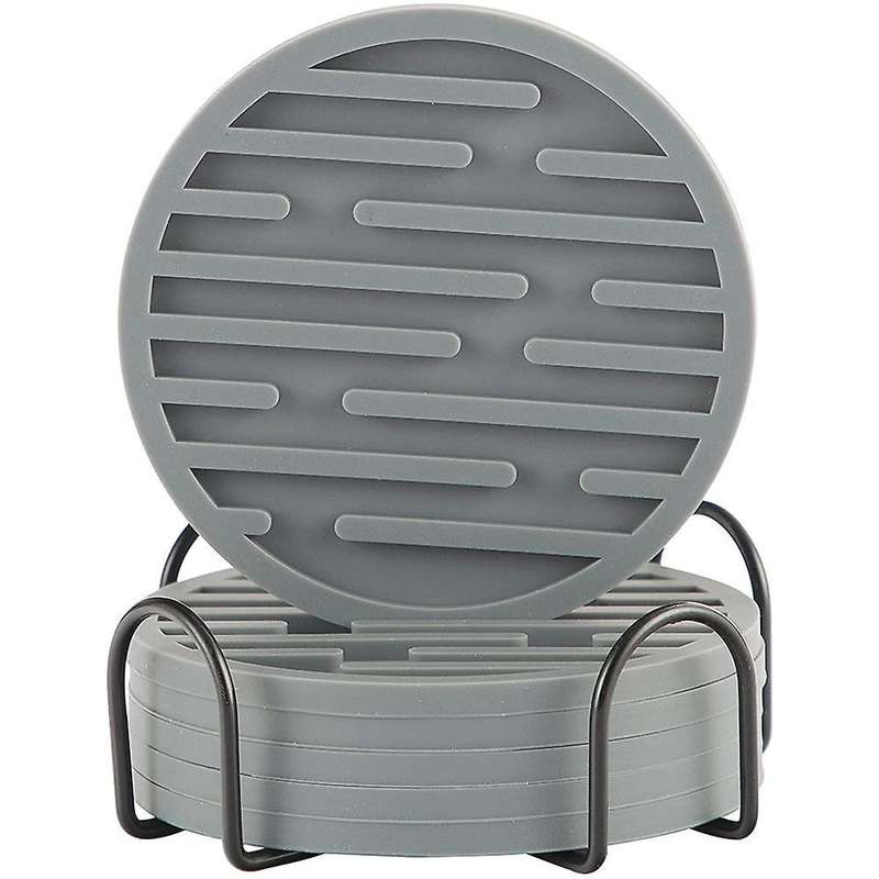 Coasters for Drinks, Silicone Coaster Sets Of 6 with Holder, Gray