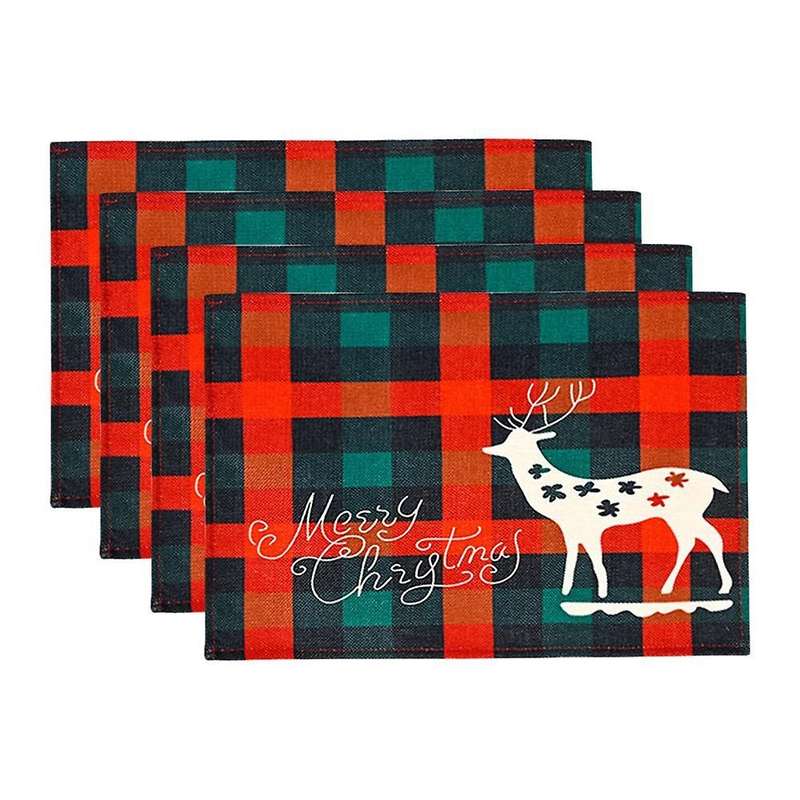 Christmas Placemats Set Of 4, with Plaid Printed, Washable Mats, E