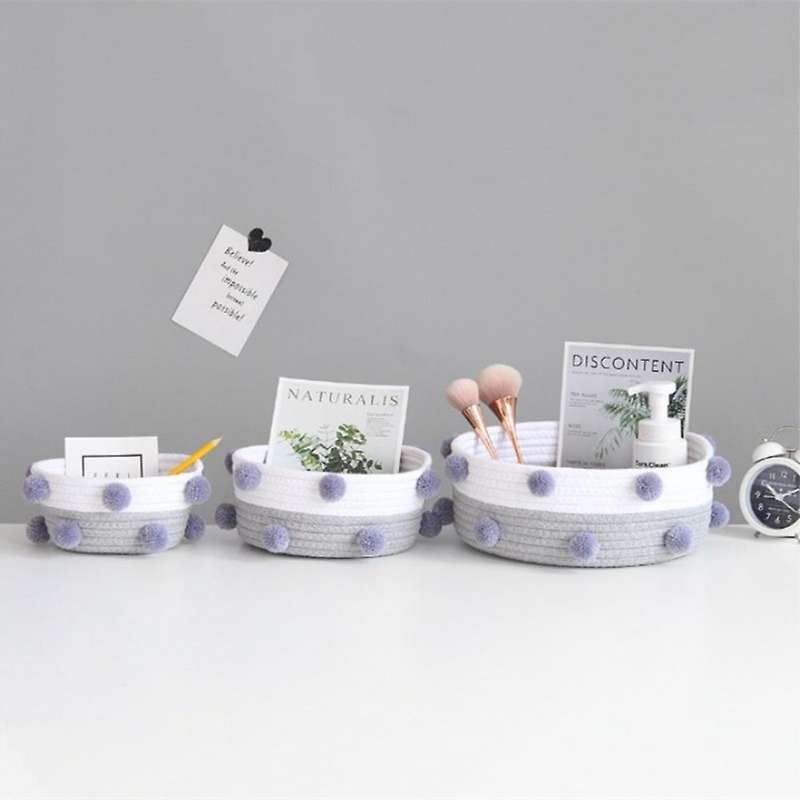 Household Pompon Storage Basket Woven Laundry Basket Gray