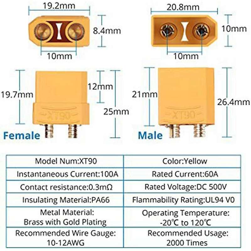 Xt90 Connector 5 Pairs Male for High-amp Rc Lipo Battery Gold Plated