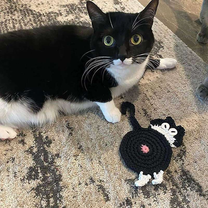 Cat Butt Coaster Funny Handmade Crochet Cat Butt Drink Black White
