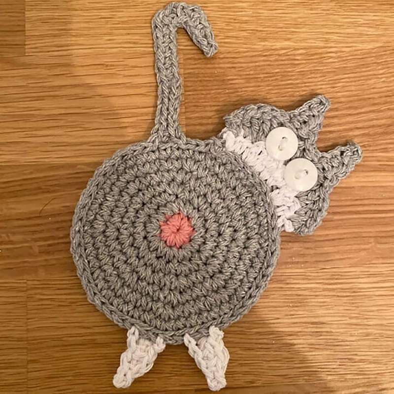 Cat Butt Coaster Funny Handmade Crochet Cat Butt Drink Black White