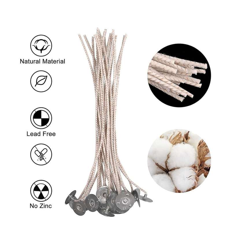 100pcs Wicks for Soy Candles, 8 Inch Pre-waxed Candle Wick with Base