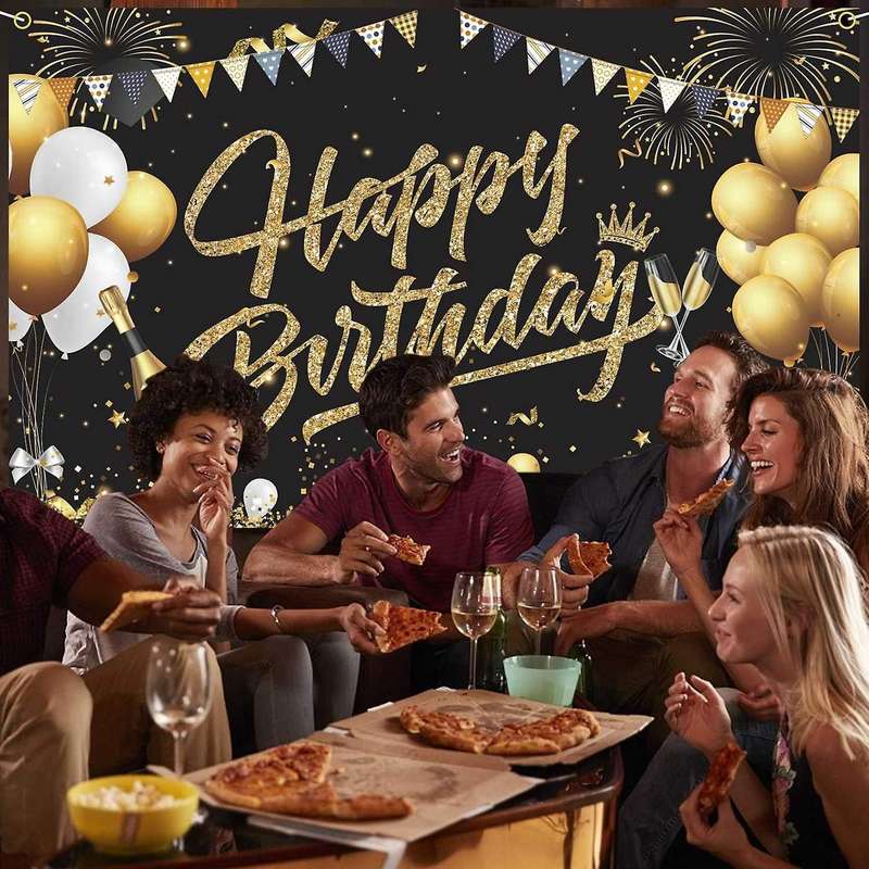 Birthday Backdrop Banner Black Gold Backdrop Sign Decoration Set