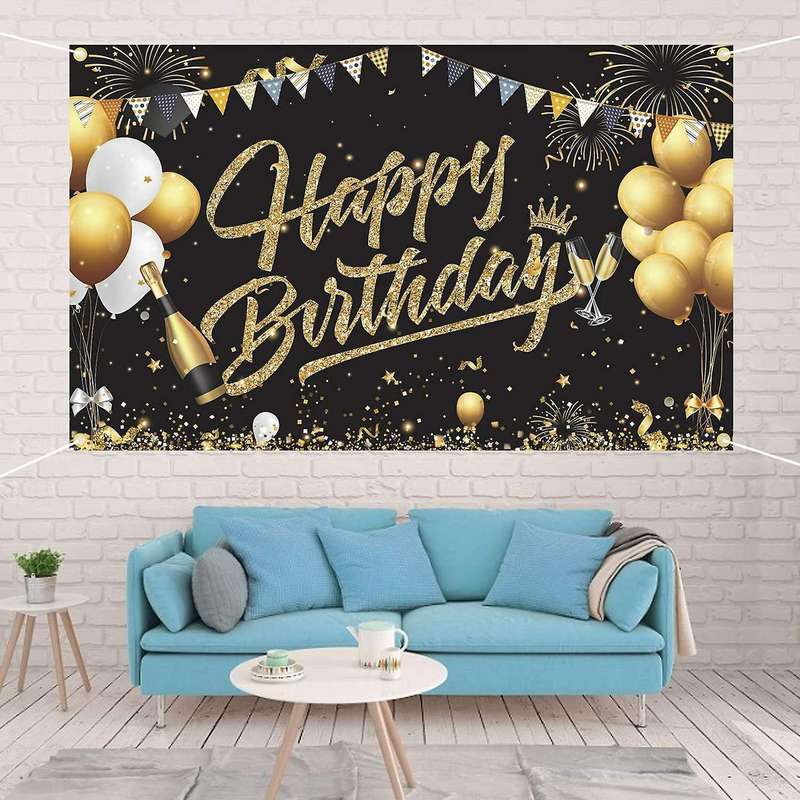 Birthday Backdrop Banner Black Gold Backdrop Sign Decoration Set