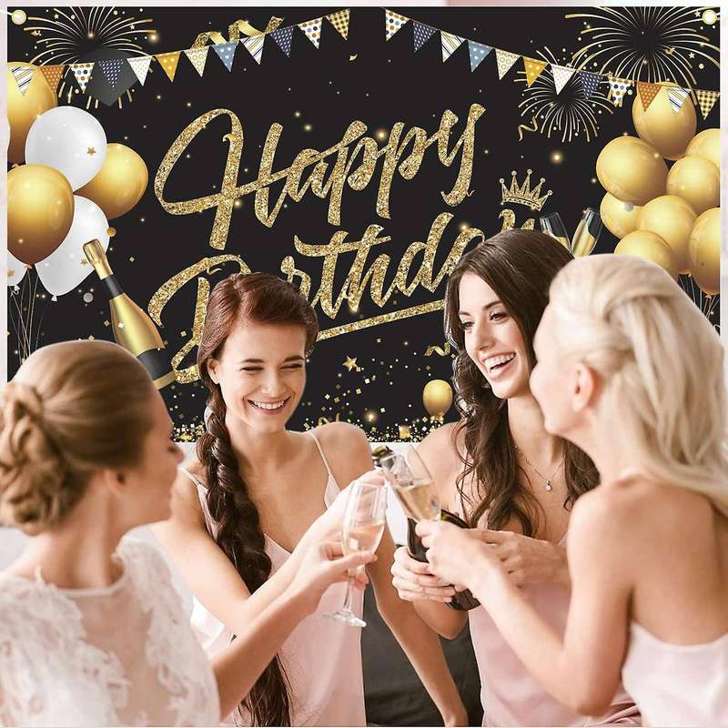 Birthday Backdrop Banner Black Gold Backdrop Sign Decoration Set