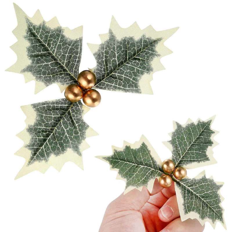 30 Pieces Artificial Holly Berry with Green Leaves for Wedding Party