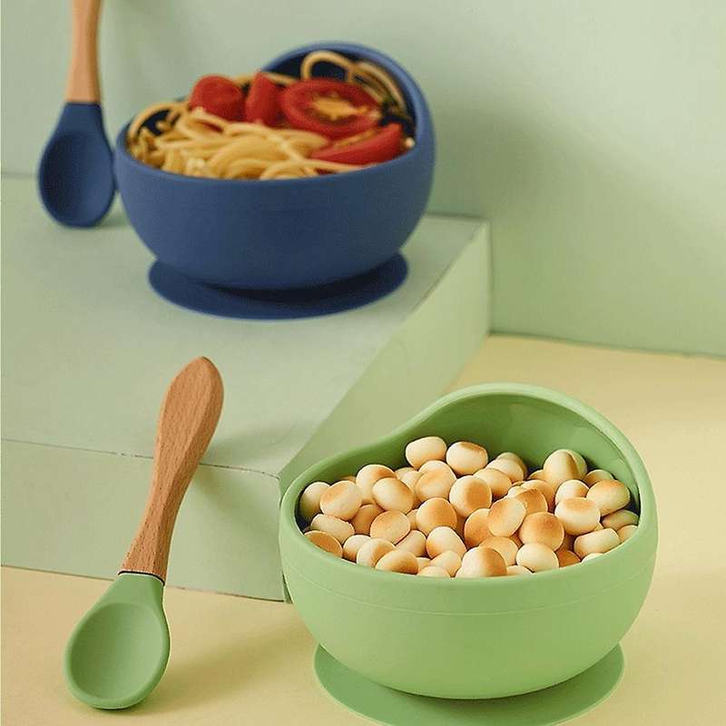Silicone Bowl Set with Straw Children's Spoon Tableware Light Green