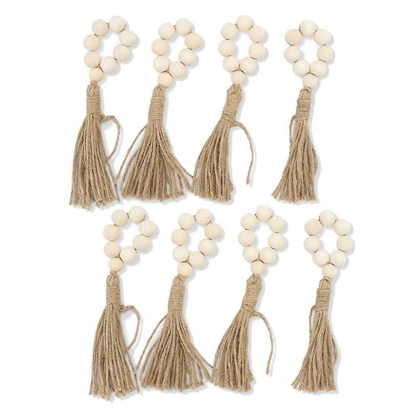 8pcs Tassels Wooden Bead Handmade Napkin Buckles Farmhouse White